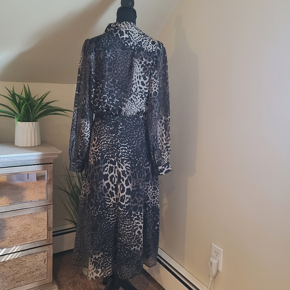 🖤 DKNY Leopard Print Chiffon Fit & Flare Midi Dress Black/Gray Size 6 - Picture 7 of 10